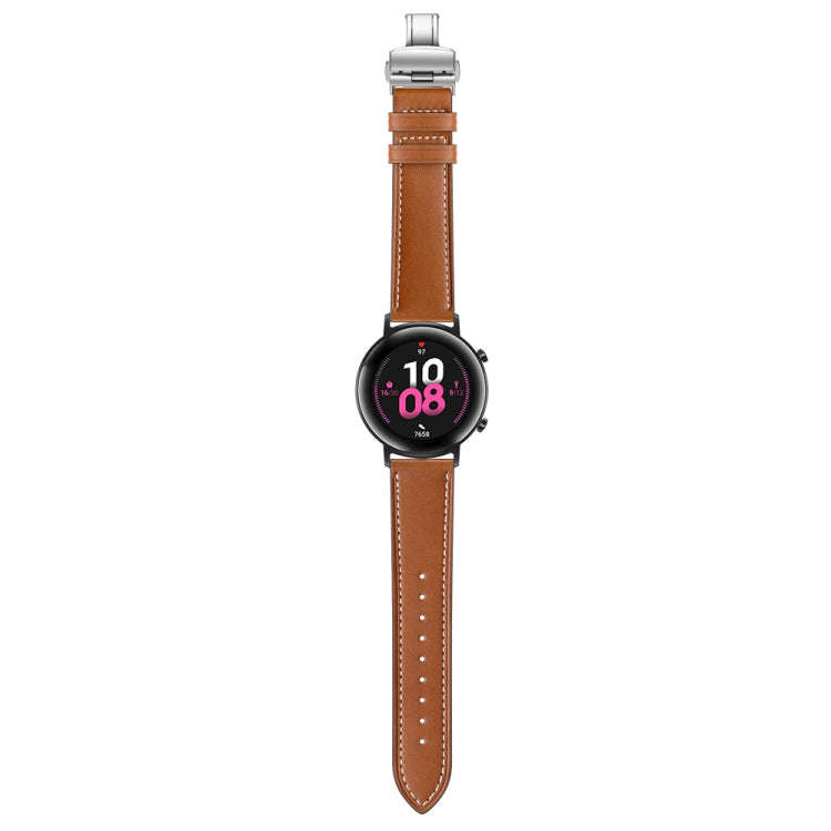 22mm Universal Butterfly Buckle Leather Watch Band, Style:Silver Buckle(Brown)