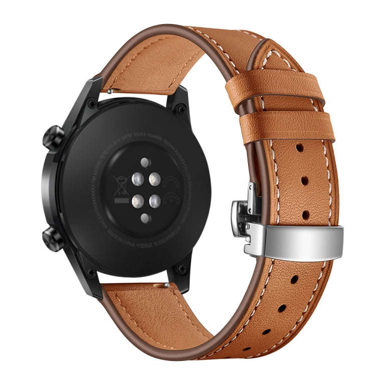22mm Universal Butterfly Buckle Leather Watch Band, Style:Silver Buckle(Brown)