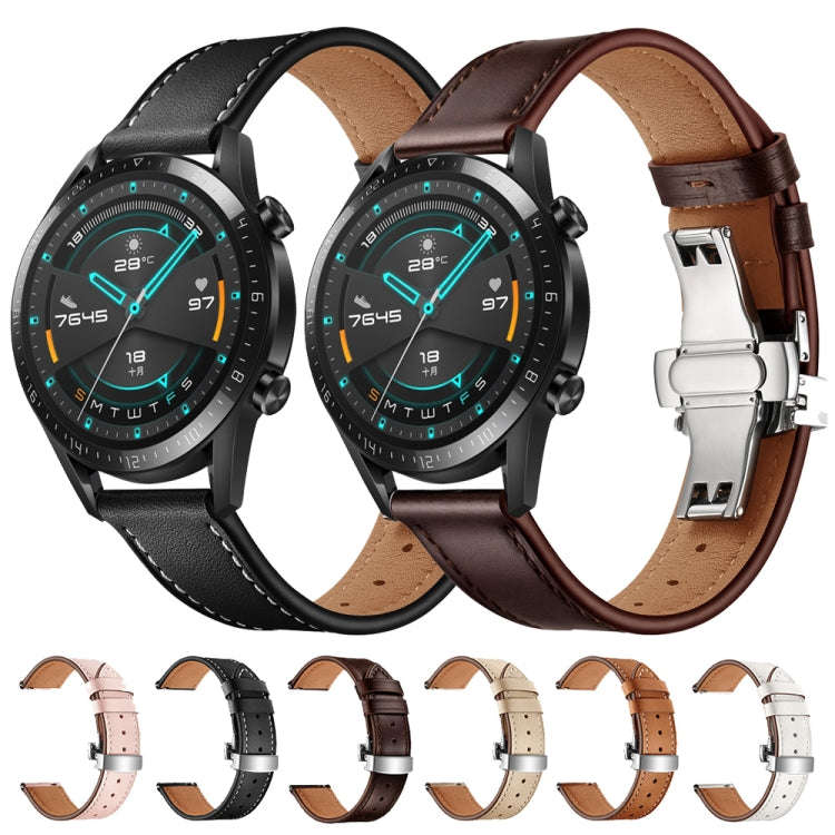22mm Universal Butterfly Buckle Leather Watch Band, Style:Silver Buckle(Dark Brown)