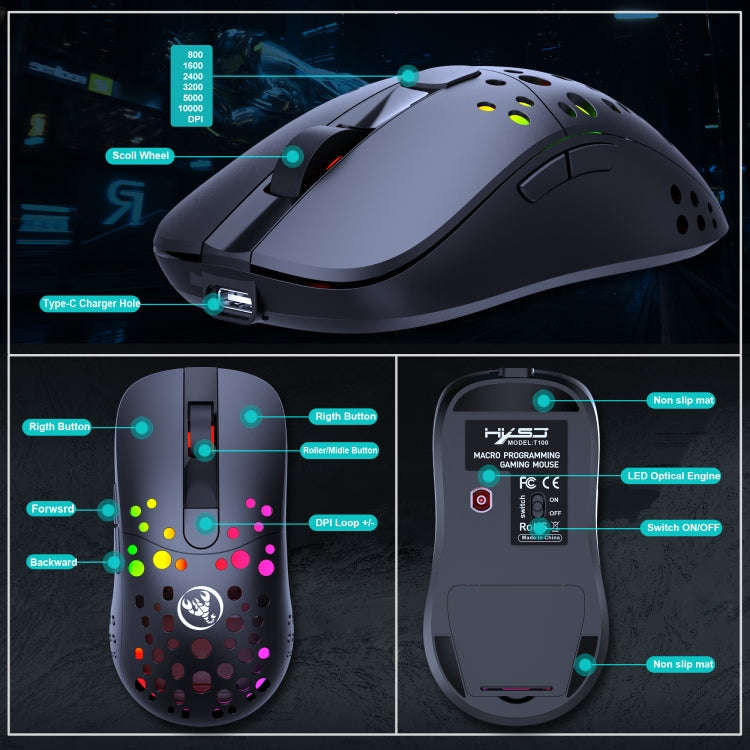 HXSJ T100 10000 DPI RGB Macro Definition Wired Wireless Dual-mode Mouse(Black)