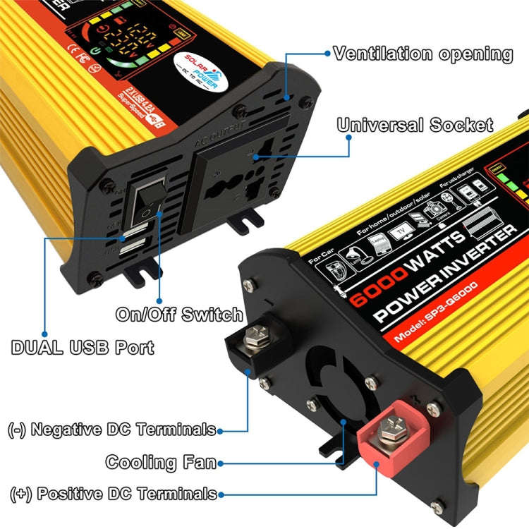 Legend III Generation DC12V to AC220V 6000W Modified Square Wave Car Power Inverter with LED Disp...