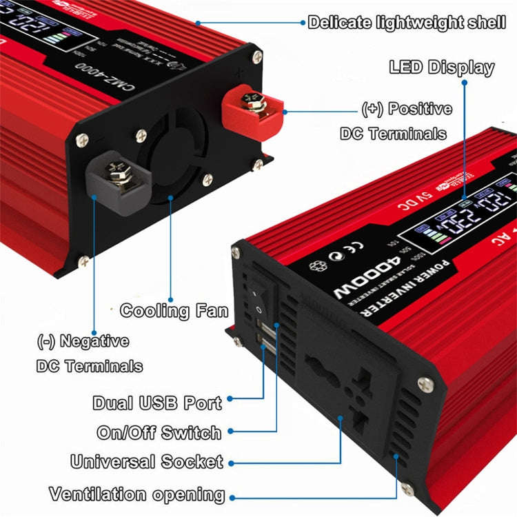 Zhizun Modified Sinewave 12V to 220V 4000W Car Power Inverter(Red)