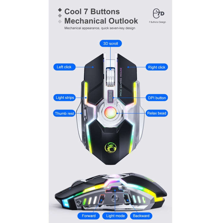 iMICE G7 Colorful Streamer Lights Rechargeable Silent Wireless Mouse(Black)