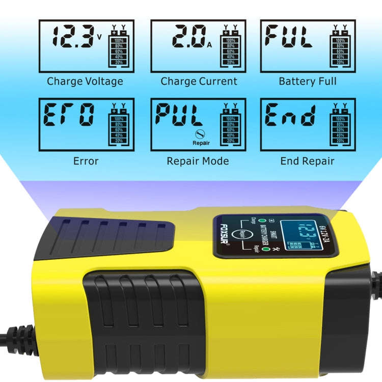 FOXSUR 2A / 6V / 12V Car / Motorcycle 3-stage Full Smart Battery Charger, Plug Type:EU Plug(Yellow)