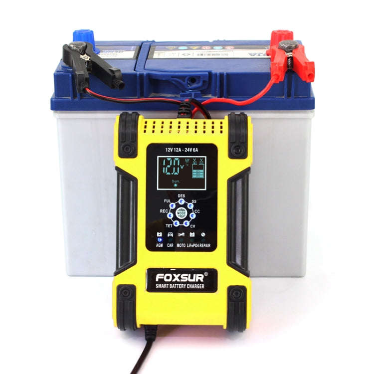 FOXSUR 12A / 12V / 24V Car / Motorcycle 7-stage Lead-acid Battery AGM Charger, Plug Type:EU Plug(...