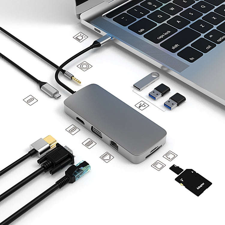 Basix BL10V 10 in 1 USB-C / Type-C to RJ45 + VGA + HDMI + 3.5mm AUX + SD / TF Card Slot + PD USB-...