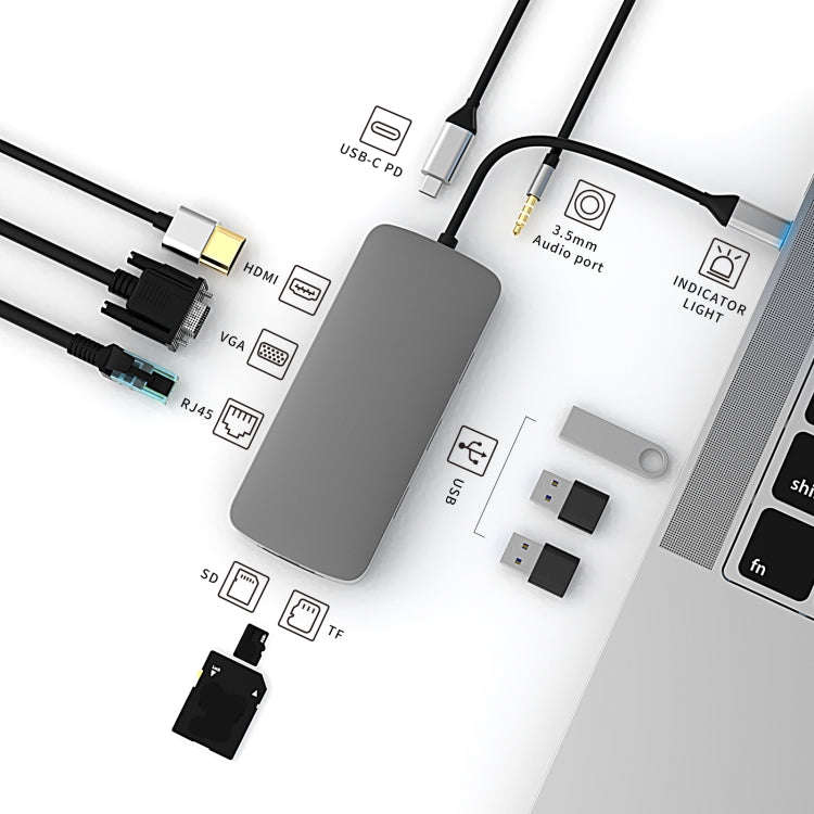 Basix BL10V 10 in 1 USB-C / Type-C to RJ45 + VGA + HDMI + 3.5mm AUX + SD / TF Card Slot + PD USB-...