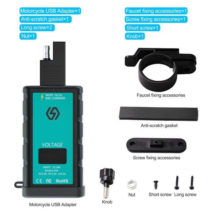 WUPP ZH-1422A1 DC12-24V Motorcycle Square Dual USB Fast Charging Charger with Switch + Voltmeter ...