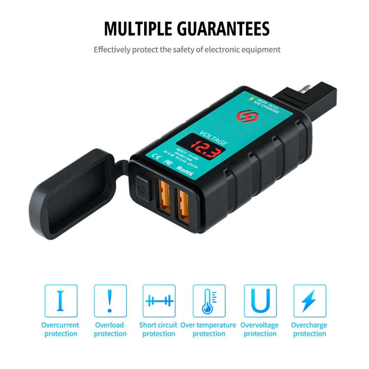 WUPP ZH-1422A1 DC12-24V Motorcycle Square Dual USB Fast Charging Charger with Switch + Voltmeter ...