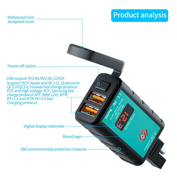 WUPP ZH-1422A1 DC12-24V Motorcycle Square Dual USB Fast Charging Charger with Switch + Voltmeter ...