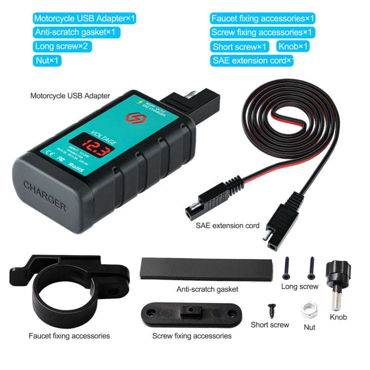WUPP ZH-1422A2 DC12-24V Motorcycle Square Dual USB Fast Charging Charger with Switch + Voltmeter ...