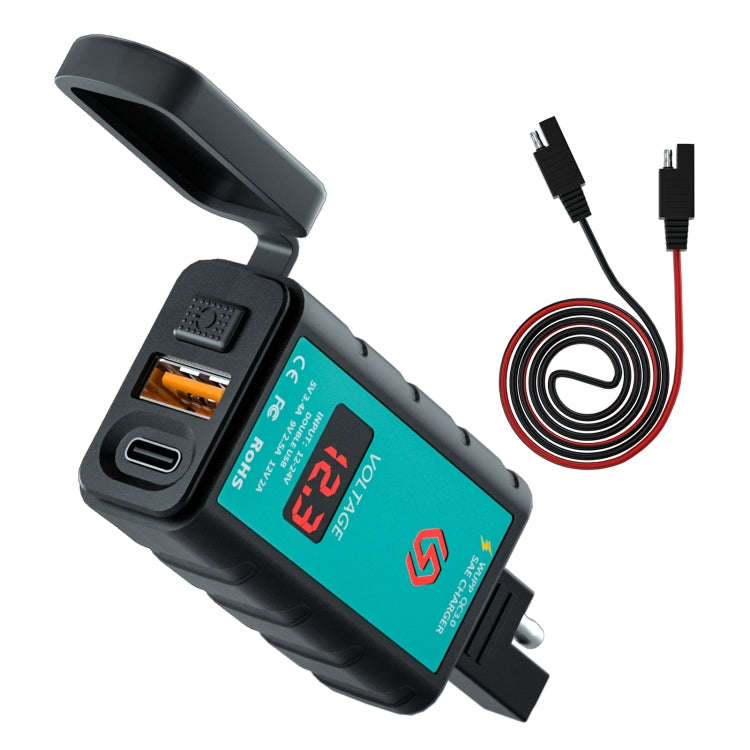 WUPP ZH-1422B2 DC12-24V Motorcycle Square Single USB + PD Fast Charging Charger with Switch + Vol...