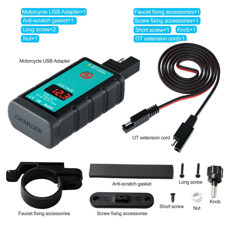 WUPP ZH-1422B2 DC12-24V Motorcycle Square Single USB + PD Fast Charging Charger with Switch + Vol...