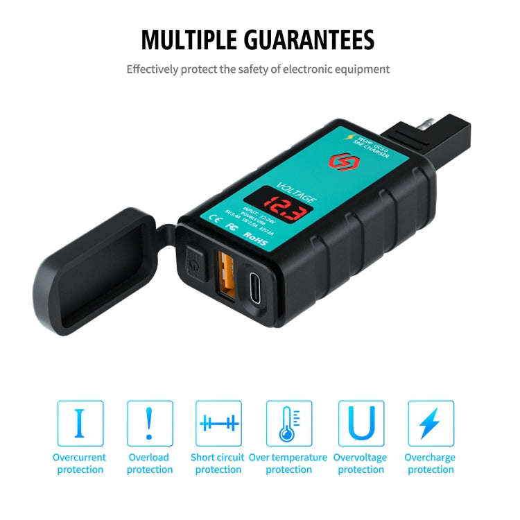 WUPP ZH-1422B2 DC12-24V Motorcycle Square Single USB + PD Fast Charging Charger with Switch + Vol...