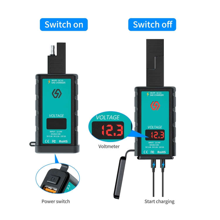 WUPP ZH-1422B2 DC12-24V Motorcycle Square Single USB + PD Fast Charging Charger with Switch + Vol...