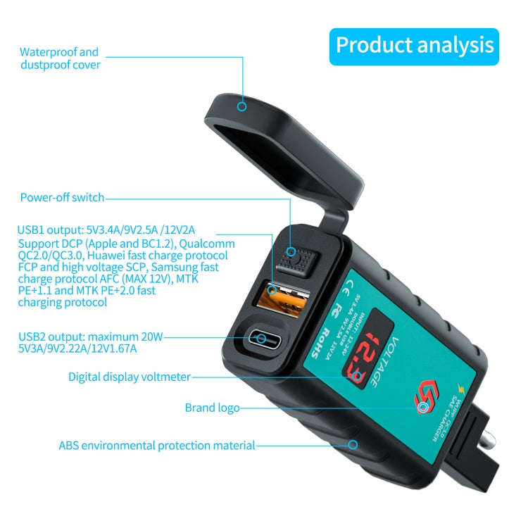 WUPP ZH-1422B2 DC12-24V Motorcycle Square Single USB + PD Fast Charging Charger with Switch + Vol...