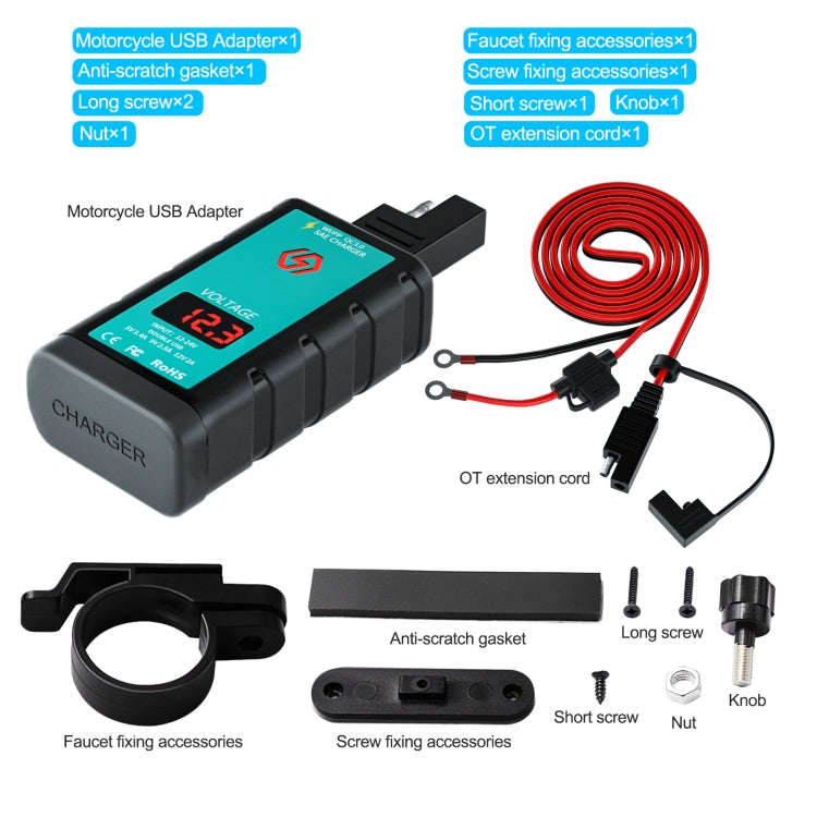 WUPP ZH-1422B3 DC12-24V Motorcycle Square Single USB + PD Fast Charging Charger with Switch + Vol...