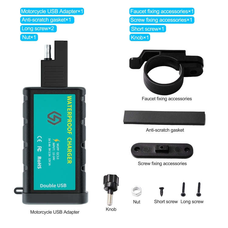 WUPP ZH-1422C1 Motorcycle Square Dual USB Fast Charging Charger with Switch + Integrated SAE Socket