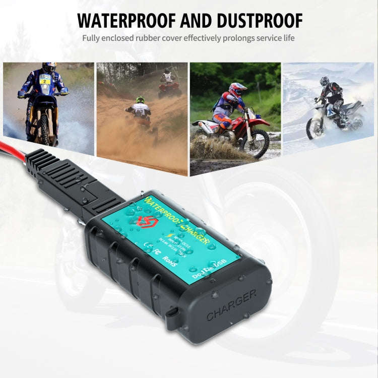 WUPP ZH-1422C1 Motorcycle Square Dual USB Fast Charging Charger with Switch + Integrated SAE Socket