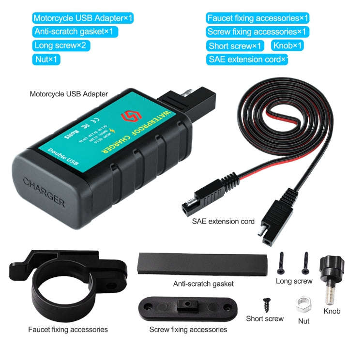 WUPP ZH-1422C2 Motorcycle Square Dual USB Fast Charging Charger with Switch + Integrated SAE Sock...