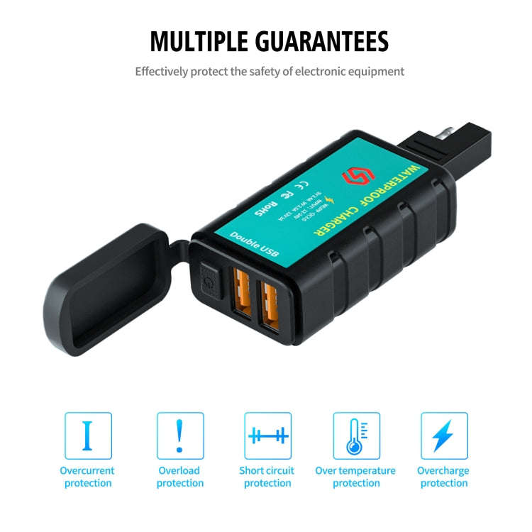 WUPP ZH-1422C2 Motorcycle Square Dual USB Fast Charging Charger with Switch + Integrated SAE Sock...