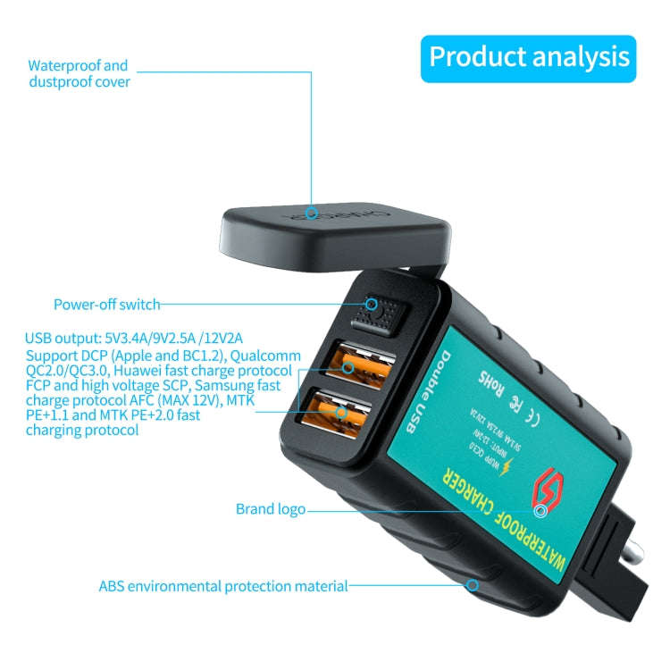 WUPP ZH-1422C2 Motorcycle Square Dual USB Fast Charging Charger with Switch + Integrated SAE Sock...