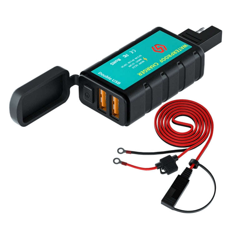 WUPP ZH-1422C3 Motorcycle Square Dual USB Fast Charging Charger with Switch + Integrated SAE Sock...