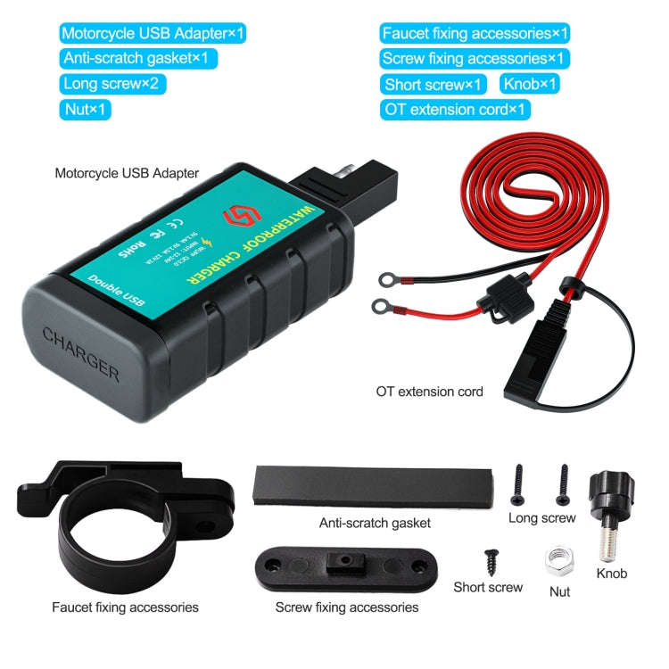 WUPP ZH-1422C3 Motorcycle Square Dual USB Fast Charging Charger with Switch + Integrated SAE Sock...