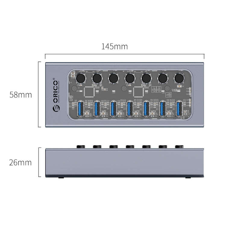 ORICO AT2U3-7AB-GY-BP 7 In 1 Aluminum Alloy Multi-Port USB HUB with Individual Switches, AU Plug