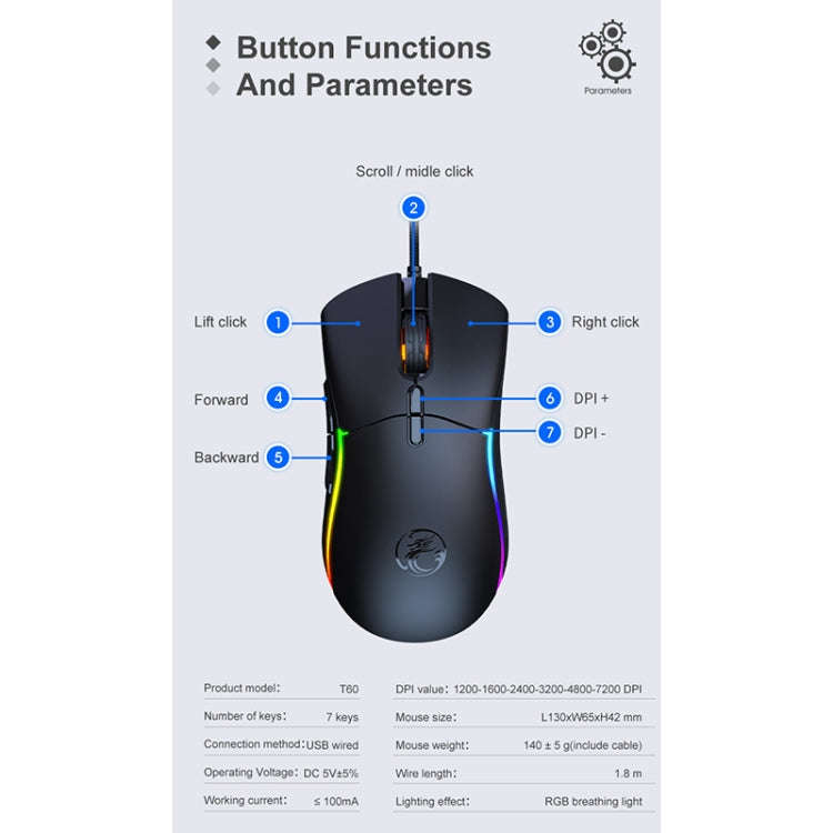 iMICE T60 7-key Custom Colorful Luminous Wired Honeycomb Gaming Mouse, Cable Length: 1.8m(Black)