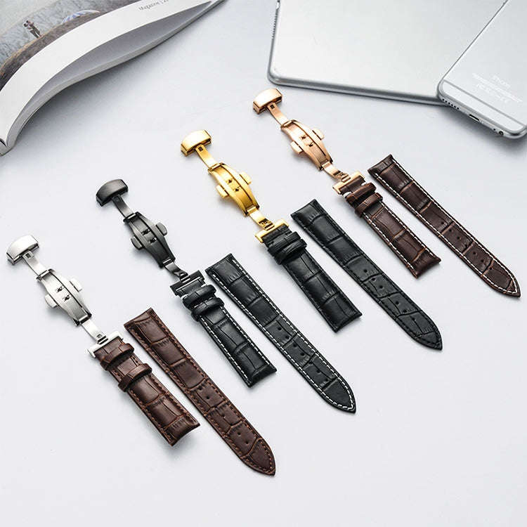 14mm Classic Cowhide Leather Gold Butterfly Buckle Watch Band(Brown White Lines)
