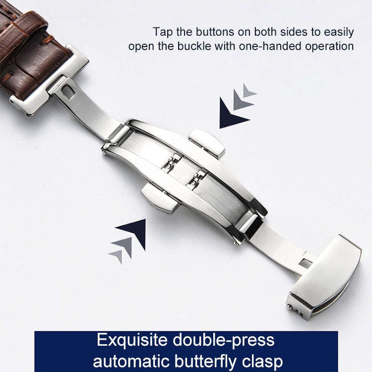 14mm Classic Cowhide Leather Gold Butterfly Buckle Watch Band(Brown White Lines)