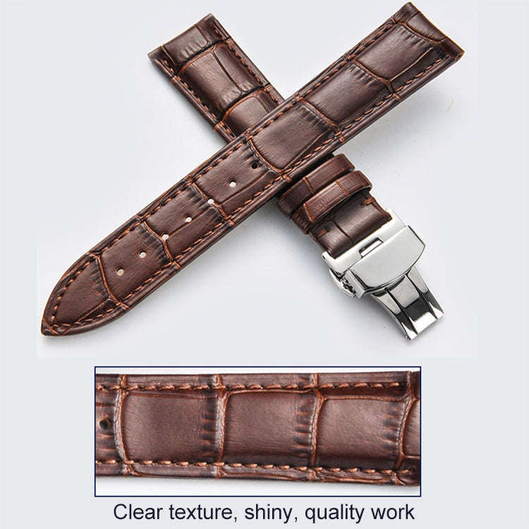 14mm Classic Cowhide Leather Gold Butterfly Buckle Watch Band(Brown White Lines)
