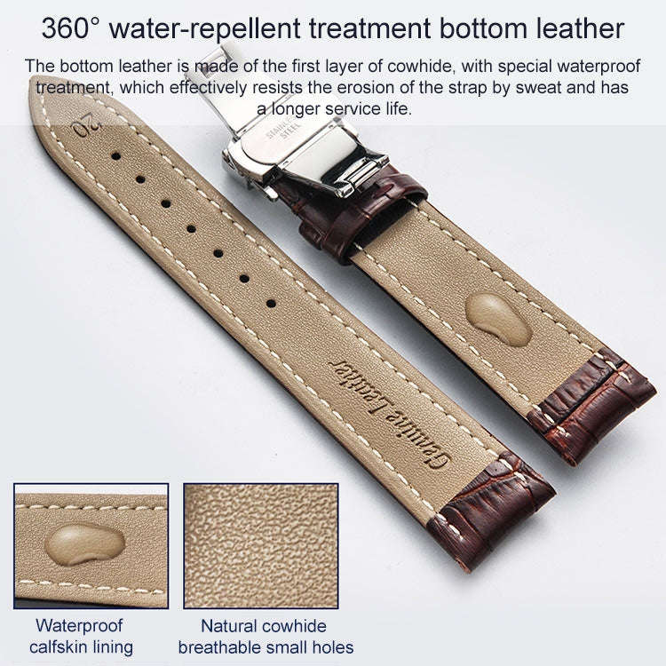 14mm Classic Cowhide Leather Black Butterfly Buckle Watch Band(Brown White Lines)
