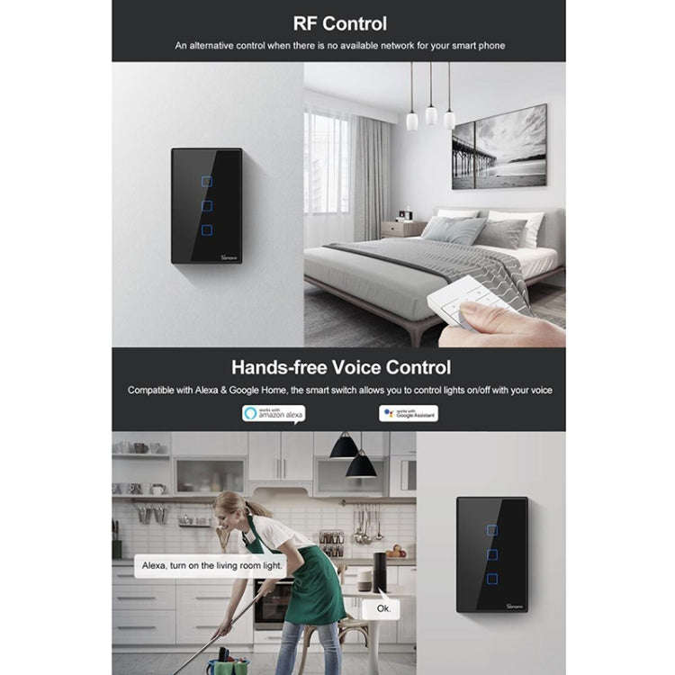 Sonoff T3 US-TX 433 RF WIFI Smart Remote Control Wall Touch Switch, US Plug, Style:Three Buttons