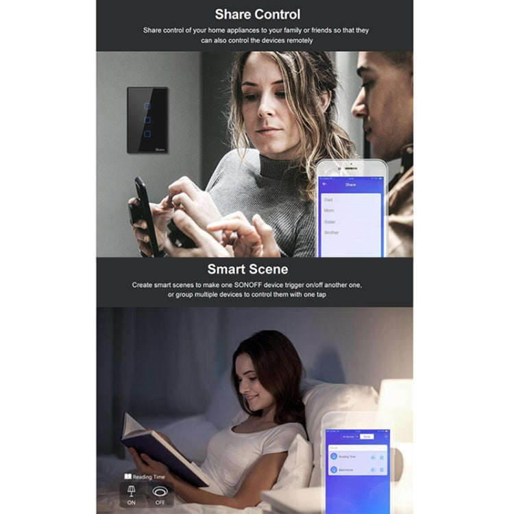 Sonoff T3 US-TX 433 RF WIFI Smart Remote Control Wall Touch Switch, US Plug, Style:Three Buttons