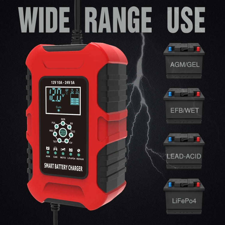 FOXSUR 10A 12V 7-segment Motorcycle / Car Smart Battery Charger, Plug Type:EU Plug(Red)