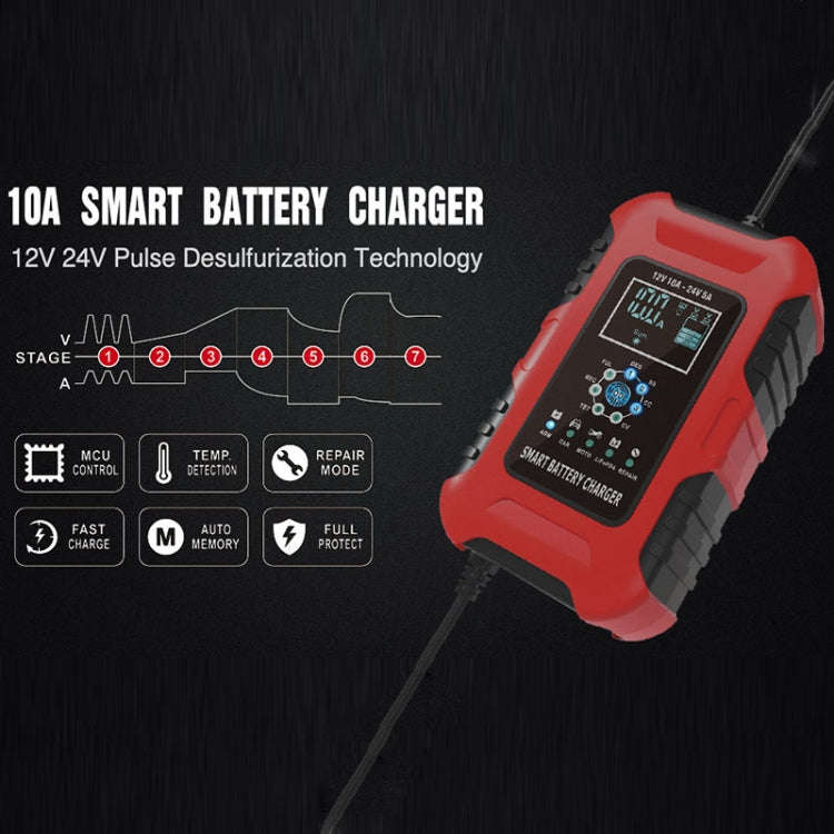 FOXSUR 10A 12V 7-segment Motorcycle / Car Smart Battery Charger, Plug Type:EU Plug(Red)