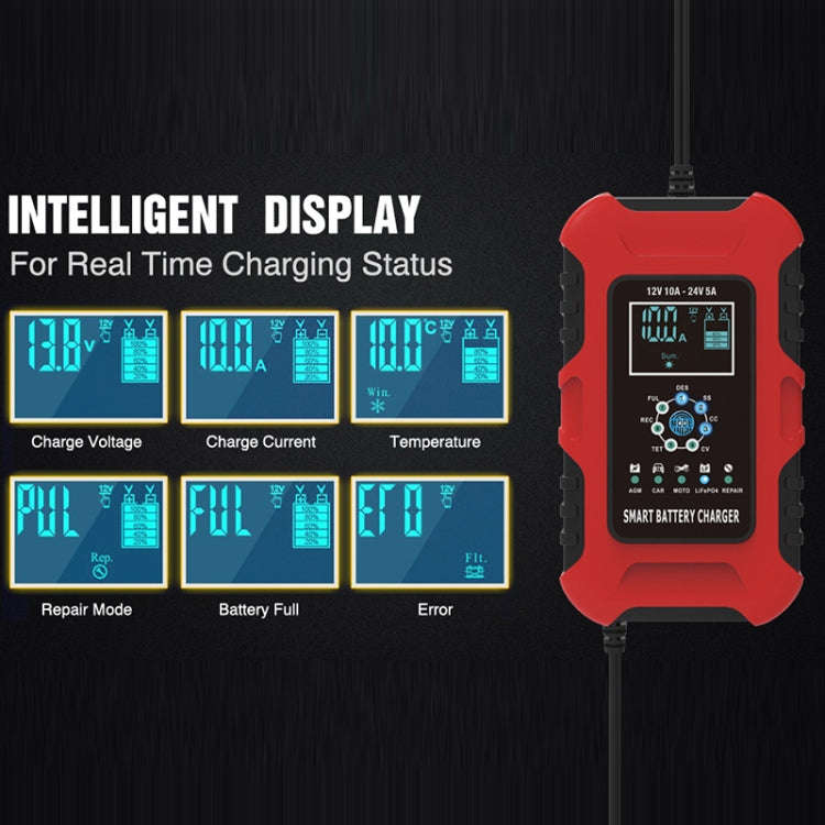 FOXSUR 10A 12V 7-segment Motorcycle / Car Smart Battery Charger, Plug Type:EU Plug(Red)