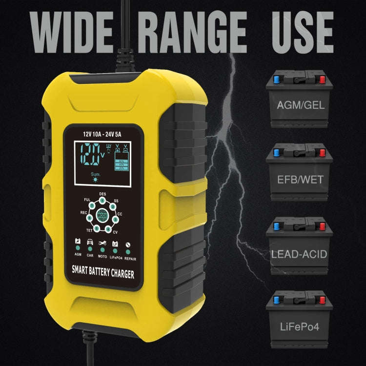 FOXSUR 10A 12V 7-segment Motorcycle / Car Smart Battery Charger, Plug Type:EU Plug(Yellow)