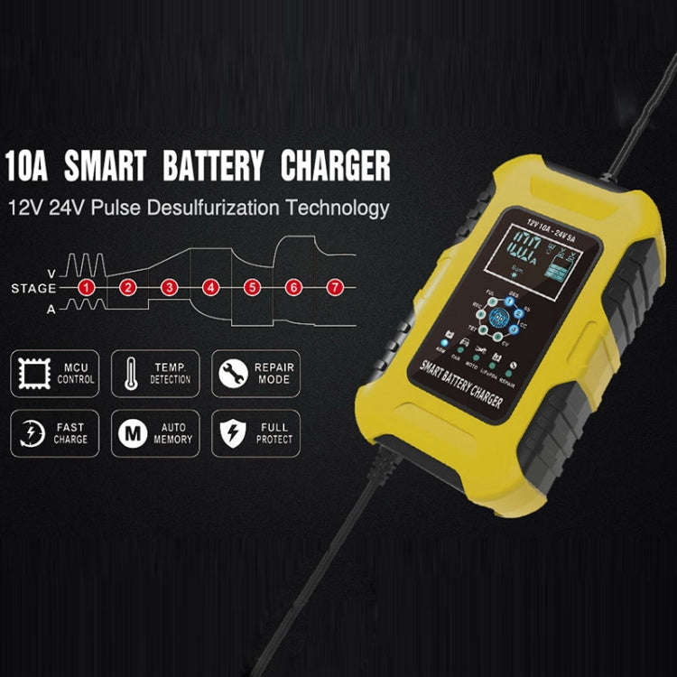FOXSUR 10A 12V 7-segment Motorcycle / Car Smart Battery Charger, Plug Type:EU Plug(Yellow)