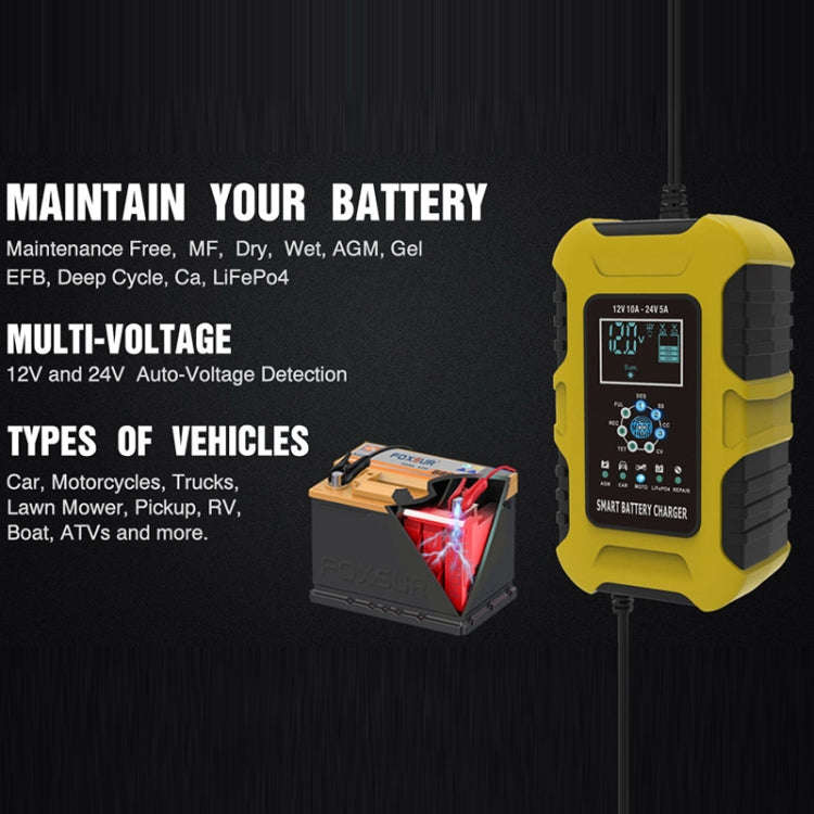 FOXSUR 10A 12V 7-segment Motorcycle / Car Smart Battery Charger, Plug Type:EU Plug(Yellow)