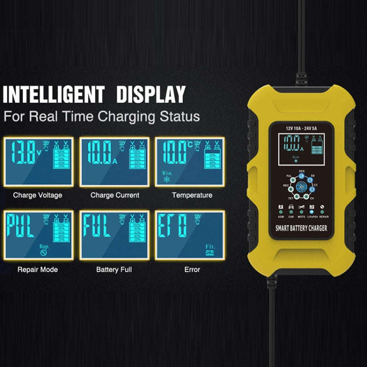 FOXSUR 10A 12V 7-segment Motorcycle / Car Smart Battery Charger, Plug Type:EU Plug(Yellow)