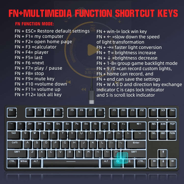 HXSJ L600 87 Keys USB-C / Type-C Wired Red Shaft Mechanical Keyboard with Cool Backlight(Black)