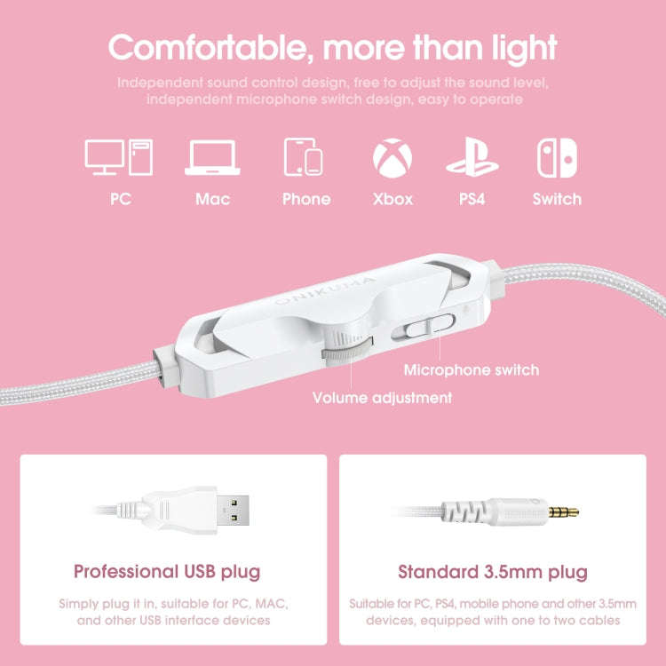 ONIKUMA X10 Car Ear LED Light Adjustable Gaming Headset with Microphone(White Pink)