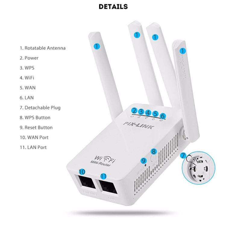 Wireless Smart WiFi Router Repeater with 4 WiFi Antennas, Plug Specification:UK Plug(White)