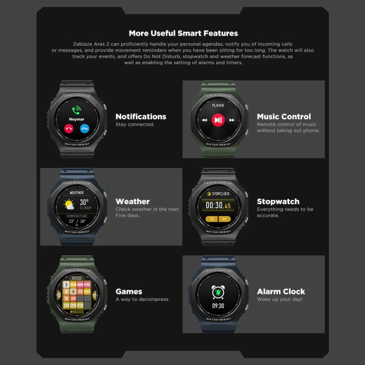 Zeblaze Ares 2 1.09 inch Color Touch Screen 5ATM Waterproof Smart Watch, Support Sleep Monitoring...