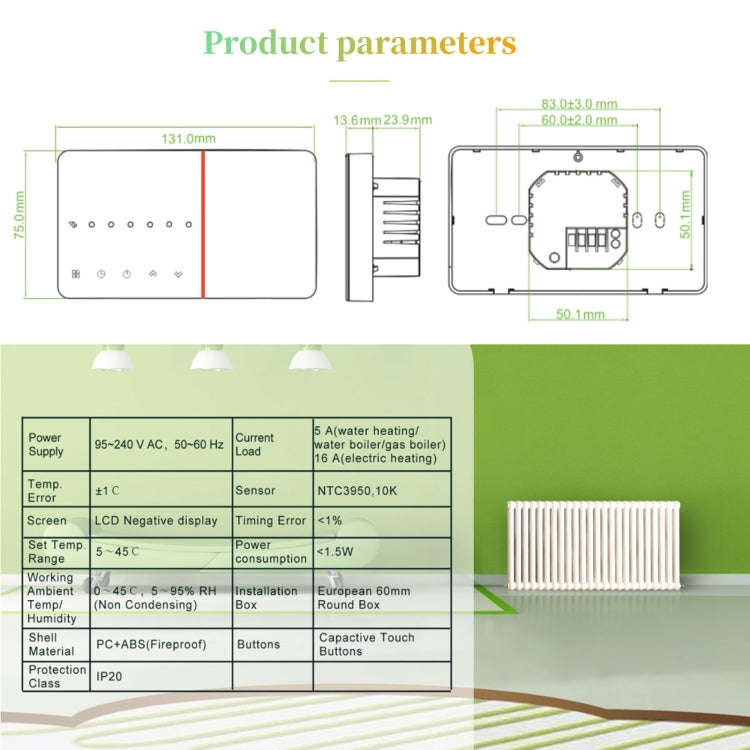BHT-005-GC 220V AC 3A Smart Home Heating Thermostat for EU Box, Control Boiler Heating with Only ...