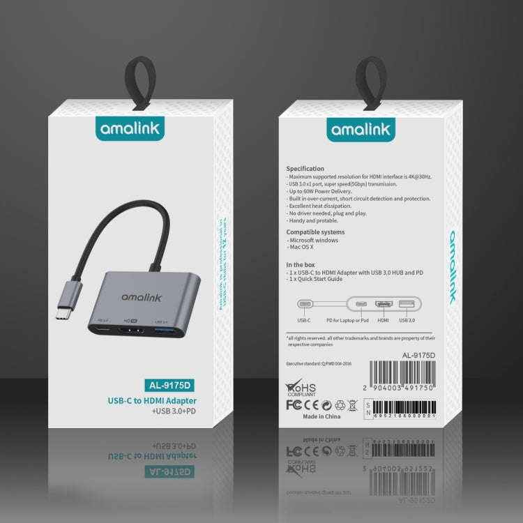 amalink 9175D Type-C / USB-C to HDMI + USB 3.0 + PD HUB Adapter(Grey)