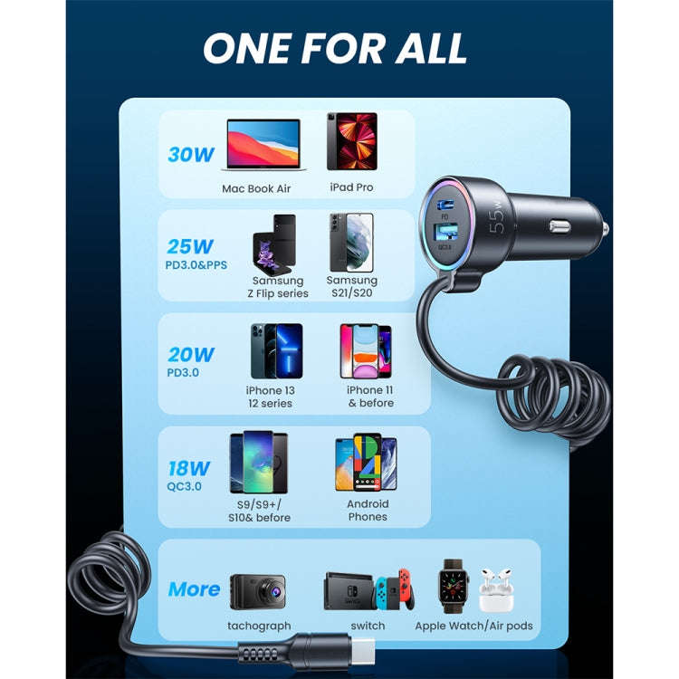 JOYROOM JR-CL07 3 in 1 55W PD USB-C / Type-C + USB Interface Car Charger with USB-C / Type-C Spri...